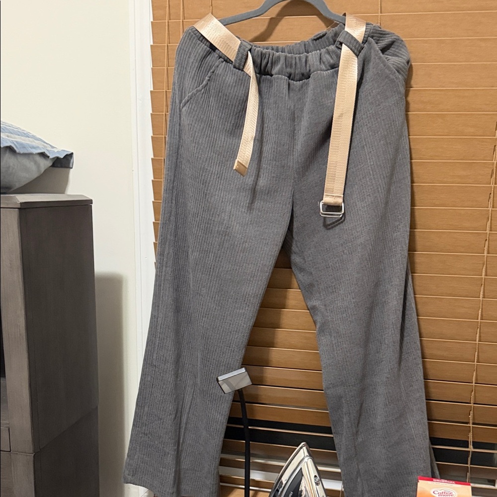 Moda Charcoal Corduroy Pants with Beige Belt from Italy